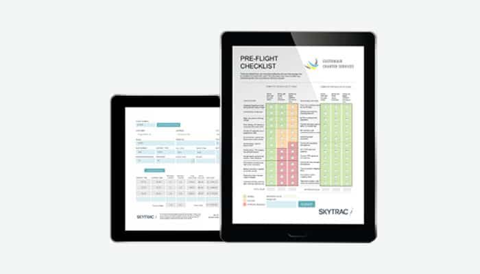 Electronic-Flight-Bag-EFB-Solutions-From-SKYTRAC-Displayed-Two-Tablets SKYFORMS Electronic Flight Bag (EFB) Solutions from SKYTRAC Displayed on Two Tablets.